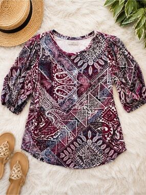 ✨💙Cupio Boho Paisley Puff Sleeve Top Size Large💙✨